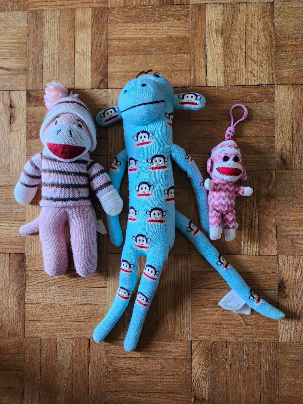 Lot of 3 Sock Monkey Plush - 17" Paul Frank Blue Julius, Ty Socks Keychain